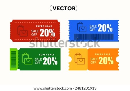 3d pack of coupons with different color, shopping icon, barcode and shape, coupon code. Coupon set isolated on white background. Voucher template for special promotion. 3d Vector illustration.