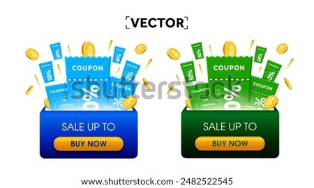 3D coupons and golden coins pop up from gift box. Coupon code with percentage discount. Vouchers and cash giveaway. Special sale off event banner template. 3d vector illustration