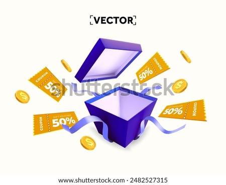 3d coupons flying out from opened gift box with golden coins and ribbon, isolated on white background. Suprised gift box with discount vouchers and cashback banner template.