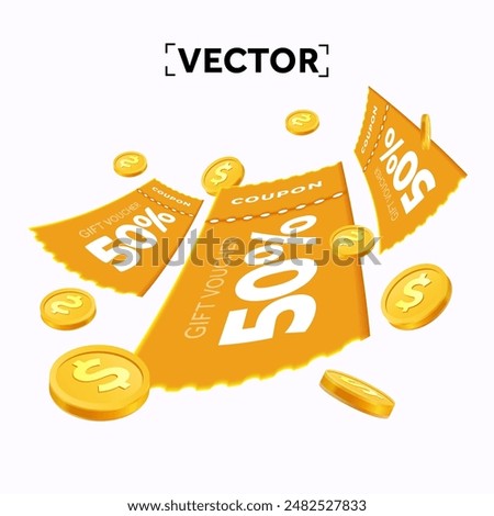 Orange voucher card sale off background with coupon code promotion. 3d minimal coupon flying out with golden coin, isolated on white background. Yellow voucher. 3d vector coupon, voucher and exchange.