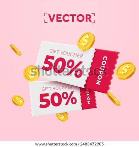 3d couple of pink coupons with coupon code, golden coins. Special giveaway with coupons or vouchers, percentage off. Gift voucher and gold coin dollar sign template. 3d vector illustration