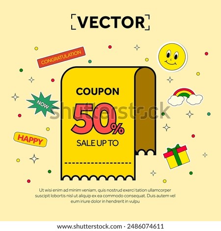 Yellow coupon with coupon code, percentage off with happy and cute icons, isolated on background. Discount voucher for sale event banner template. Vector illustration.