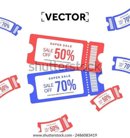 3d coupons with coupon code, percentage off with other mini coupons around, isolated on white background. Discount gift voucher, special price off event banner template. 3d vector illustration