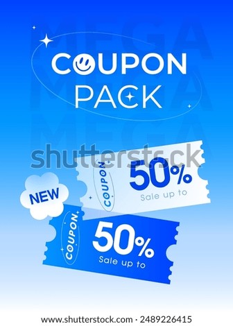 3d coupons in blue and white with coupon code, percentage off, isolated on light blue background. Discount vouchers for black Friday banner template. 3d vector illustration