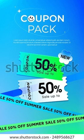 3d coupons in green and white with coupon code, percentage off, isolated on light blue background. Discount vouchers for summer sale event banner template. 3d vector illustration