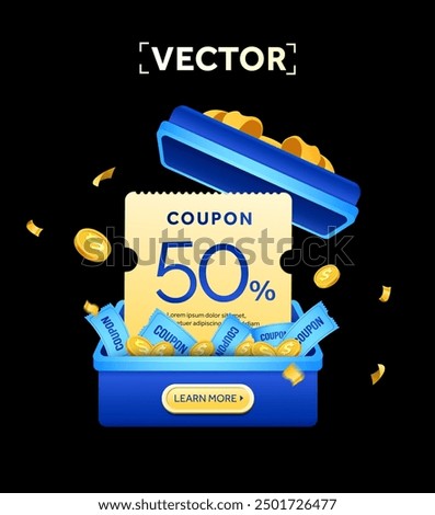 3d Opened gift box with voucher, coupon and serpentine ribbon, confetti, golden coins. Cash surprise box. Money prize reward. Sale promotion, bonus, discount. 3d vector illustration