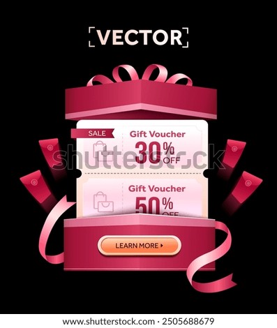 3d stack of coupons, flying up in a opened pink gift box, isolated on dark background. Gift voucher giveaway banner template. Coupon code for special discount, sale off. 3d vector illustration