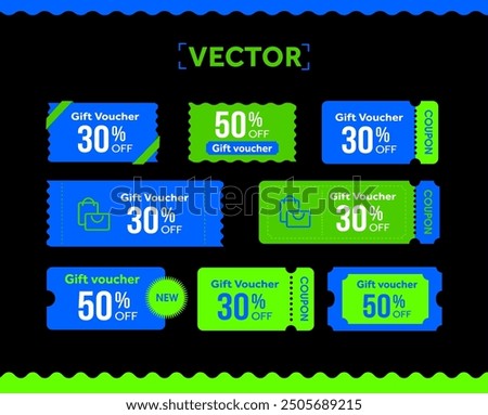 3d pack of coupons in blue and green, shopping icon, barcode and shape, coupon code. Coupon set isolated on dark background. Voucher template for special promotion. 3d Vector illustration