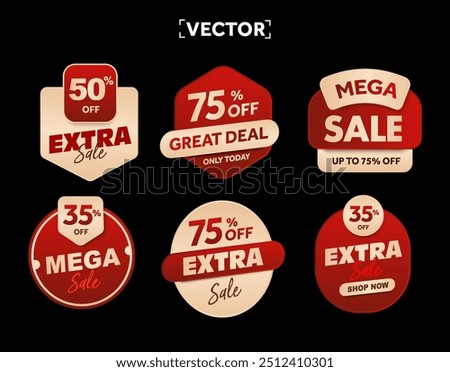 3d set mega sale badges with ribbon in golden and blue color, isolated on dark background. Badge set icon for sale off, price off, promotional pricing label. 3d vector illustration