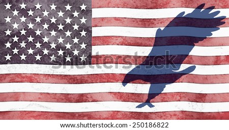 A silhouette of an eagle  flies across an american flag. The flag, with a grunge look, has wavy stars and stripes.