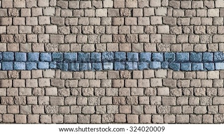 white Stone road  seamless texture with blue stripe.  stone block paving. Stone blocks wall