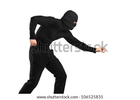 A Man In Robbery Mask Trying To Steal Something Isolated On White ...