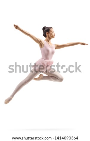 Similar – Image, Stock Photo Young slim ballerina jumping above ground in studio flexing legs.