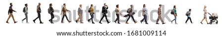 Photo of Queue of young and elderly people walking isolated on white background