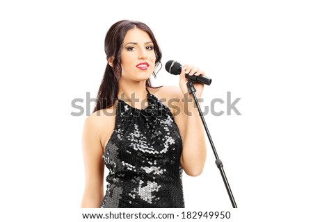 Young Female Singer In Black Dress Posing Isolated On White Background ...