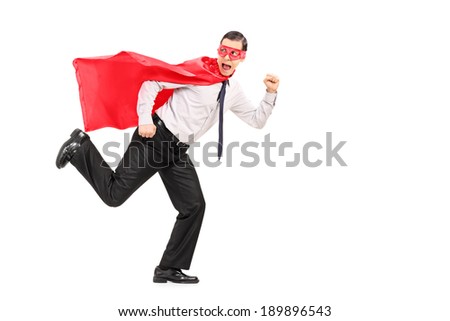 Scared man in superhero costume running away from something isolated on white background