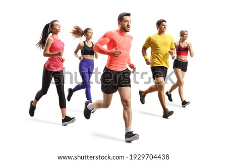 Group of young people running a race isolated on white background
