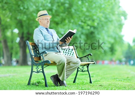 Elderly reading a novel seated on bench in the park