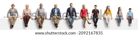 People of different age sitting on a blank panel and looking at camera isolated on white background