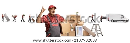 Mature mover holding a box, pointing up and movers putting household items in a van isolated on white background Stock foto © 