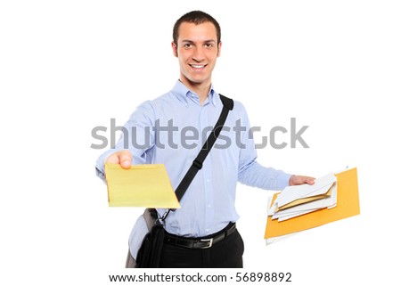A postman delivering mail isolated on white background