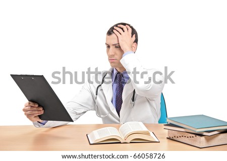 A view of a doctor banging his head realizing a mistake isolated on white background