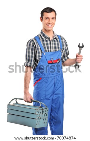 Similar – Image, Stock Photo Smiling workman in denim overall looking at camera