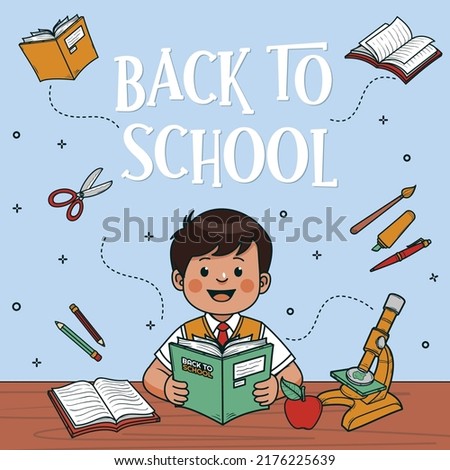 Back to school vector banner design -  welcome back to school concept  with colorful education items and text in a background- vector illustration