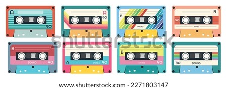 Retro music cassette. Stereo DJ tape, vintage 90s cassettes tapes and audio tape. antique radio play cassette, 1970s or 1980s rock music mix audiocassette. Isolated icons set