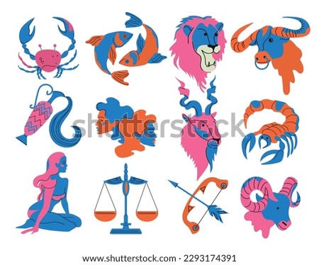 Astrological signs of the zodiac on a white background.Aries, Taurus, Leo, Gemini, Virgo, Scorpio, Libra, Aquarius, Sagittarius, Pisces, Capricorn, Cancer. Zodiac constellations. Vector illustration