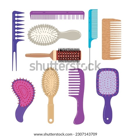 Set of fashionable hair combs.Vector isolated illustration on white background, hairdresser style accessories, hair dryer