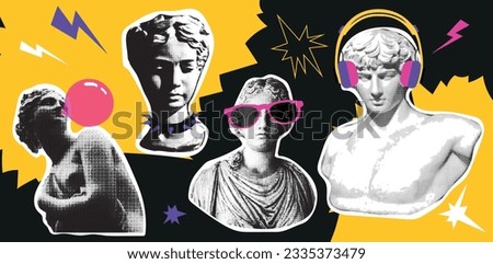 Collage design elements in trendy dotted pop art style. Retro halftone effect. Set of statues with retro elements of the 90s.Vector illustration with vintage grunge punk cutout shapes