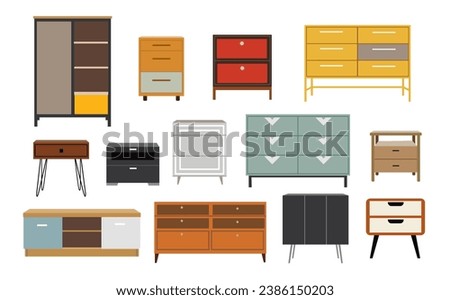 Chest of drawers, bedside table set. Furniture icon in flat design. For interior designers, card, website,leaflet, retail. Vector commode. Colorful and bright colors.
