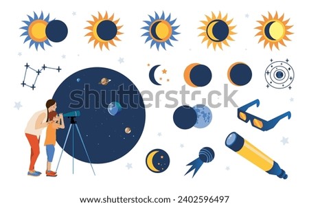 Solar Eclipse set. Vector flat style set of solar eclipse elements for infographic. Illustration in flat style for kids education at school, stickers, scrapbooking.