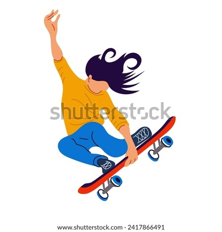 A young girl rides a skateboard, jumps and performs tricks. Poster of the International Skateboarding Day.  Banner with bright people for the holiday on June 21.