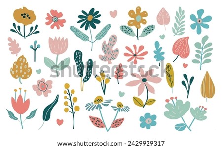 Isolated set with  spring flowers and leaves in flat style. Spring art print with botanical elements. Kids design, for fabric, wrapping, textile, wallpaper.