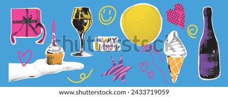 Collage design elements in trendy dotted pop art style. Retro halftone effect. Set of birthday elements. Hand with cake, gift, balloon, champagne.Vector illustration with abstract elements.