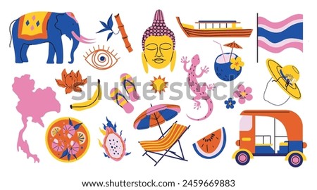 Travel to Thailand sticker set. Traditions, culture Thailand. Doodle elements Elephant, lizard, boat, map of Thailand, thai food, Buddha head, lotus, thai fruits.