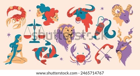 Astrological signs of the zodiac on a white background.Aries, Taurus, Leo, Gemini, Virgo, Scorpio, Libra, Aquarius, Sagittarius, Pisces, Capricorn, Cancer. Zodiac constellations. Vector illustration.