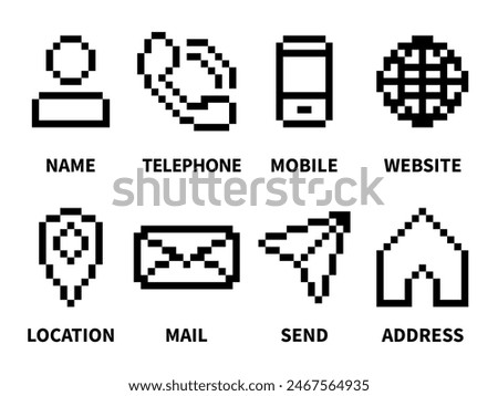 Contact us icon. Web icons set , name, address, globe, send, location, send, mail, mobile, telephone, website. Vector image pixel style.