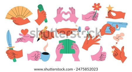 Set of colorful hands holding various stuff on white background. Different operations and gestures. Hand drawn vector. All elements isolated.