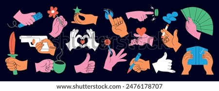 Set of colorful hands holding various stuff on dark background. Different operations and gestures. Hand drawn vector. All elements isolated.	