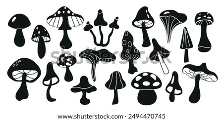 Mushrooms set. Black silhouette of mushrooms on a white background. Whimsical cute mushrooms. Autumn set of hand drawn cute design elements. Fall, Thanksgiving Day, Autumn season.	