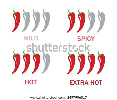 Pepper spice level. Red chili pepper.   Mild, spicy, hot, extra hot.Vector isolated illustration.