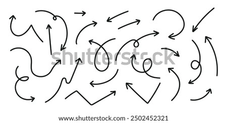 Set of hand drawn vector arrows doodle on white background.  Doddle arrow set. Stock vector.