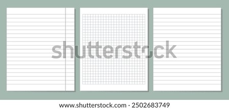 Vector illustration of realistic square, lined paper blank sheets set isolated on background. Art design lines, grid page notebook with margin. 