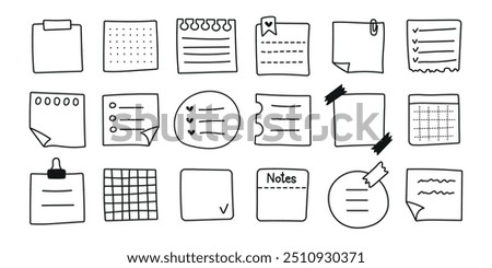 Hand drawn memo paper sheet icon set in flat style. Simple sticky note set. Sticky note vector illustration on isolated background. Memo doodle. A variety of paper stickers. 