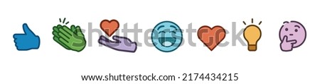 icons logo set reactions emoji template connection modern vector Like love Celebrate funny give laugh Support thinking lamp idea inspiration Insightful and Curious orange purple blue green red colour