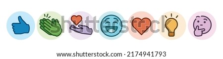 icons logo set reactions emoji template connection modern vector Like love Celebrate funny give laugh Support thinking lamp idea inspiration Insightful and Curious orange purple blue green red colour