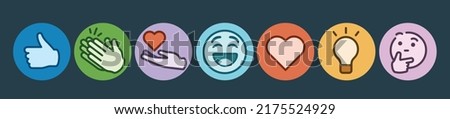 icons logo set reactions emoji template connection modern vector Like love Celebrate funny give laugh Support thinking lamp idea inspiration Insightful and Curious orange purple blue green red colour